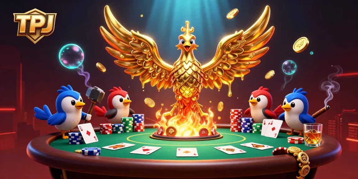 Engage with TPJ as a molten golden phoenix symbolizes triumph in poker, showcasing dynamic gameplay.