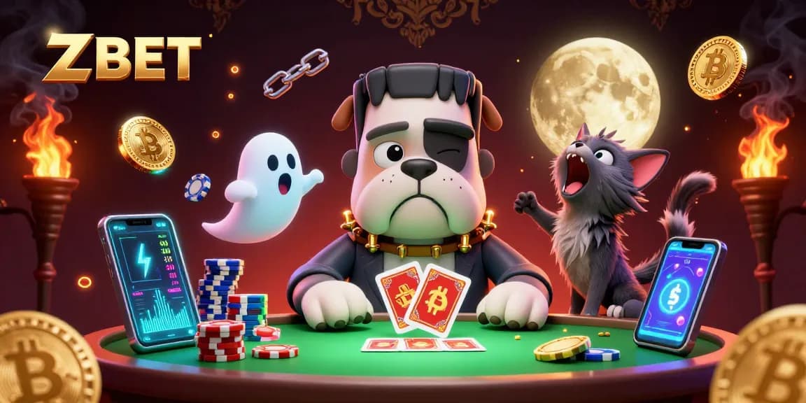 ZBET card-dealing Frankenstein bulldog with a ghost mouse, embodying excitement and dynamic playfulness in a casino atmosphere.