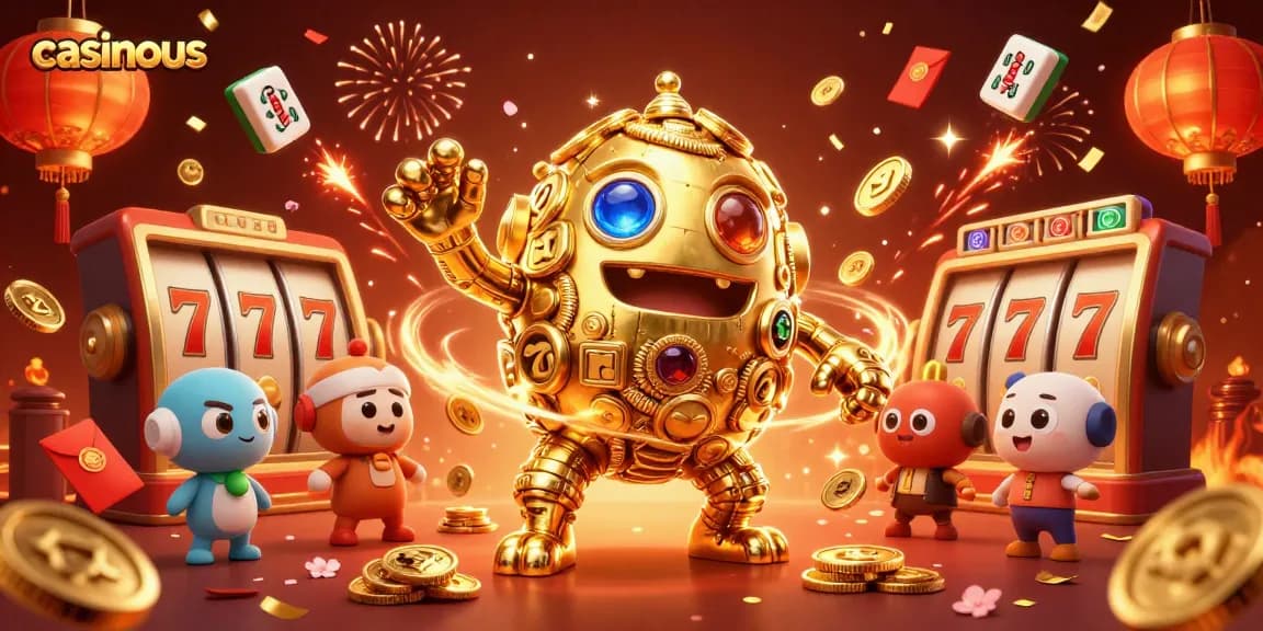 Casinous showcases an ultra-detailed 3D illustration of a golden golem amidst slot reels and festive elements.