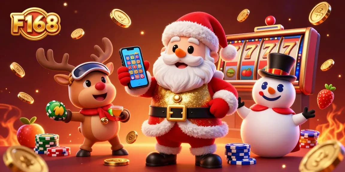 Celebrate wins with f168 in this festive casino scene featuring Santa and games.