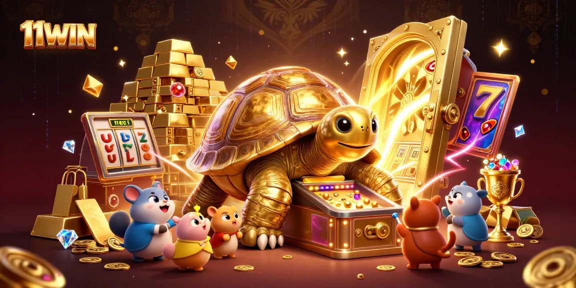 Experience the thrill of 11WIN with a vibrant casino-themed illustration of golden tortoise and riches.