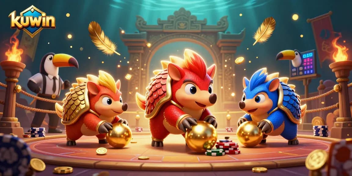 Kuwin players roll golden balls and stack poker chips in a vibrant, dynamic casino scene.