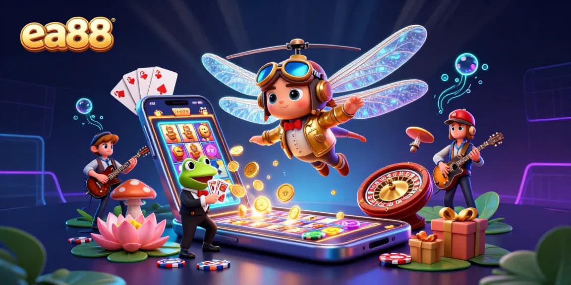 Experience winning excitement with ea88 at a vibrant lily pad casino scene featuring dynamic gambling elements.