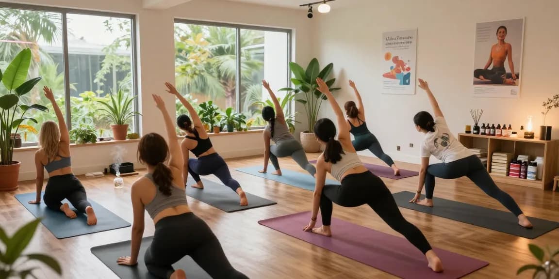 Engaged group practicing yoga in a wellness studio promoting glow peptide for sale benefits.