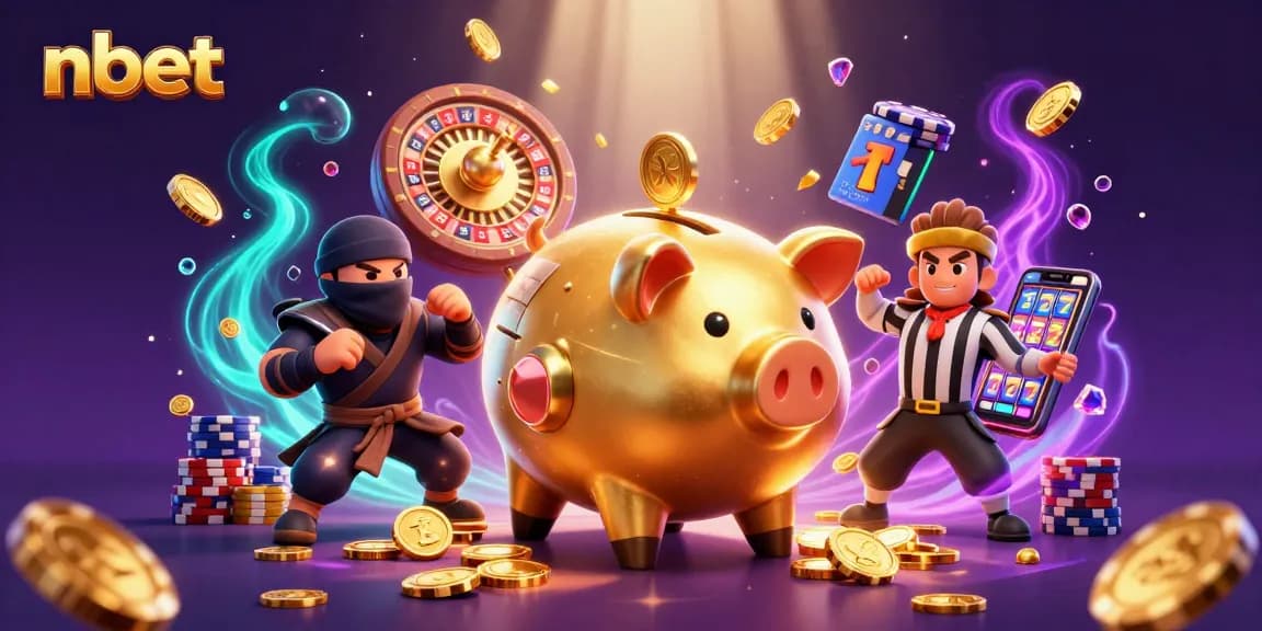 Experience nbet's vibrant casino scene with a golden piggy bank wrestler and dynamic gaming elements.