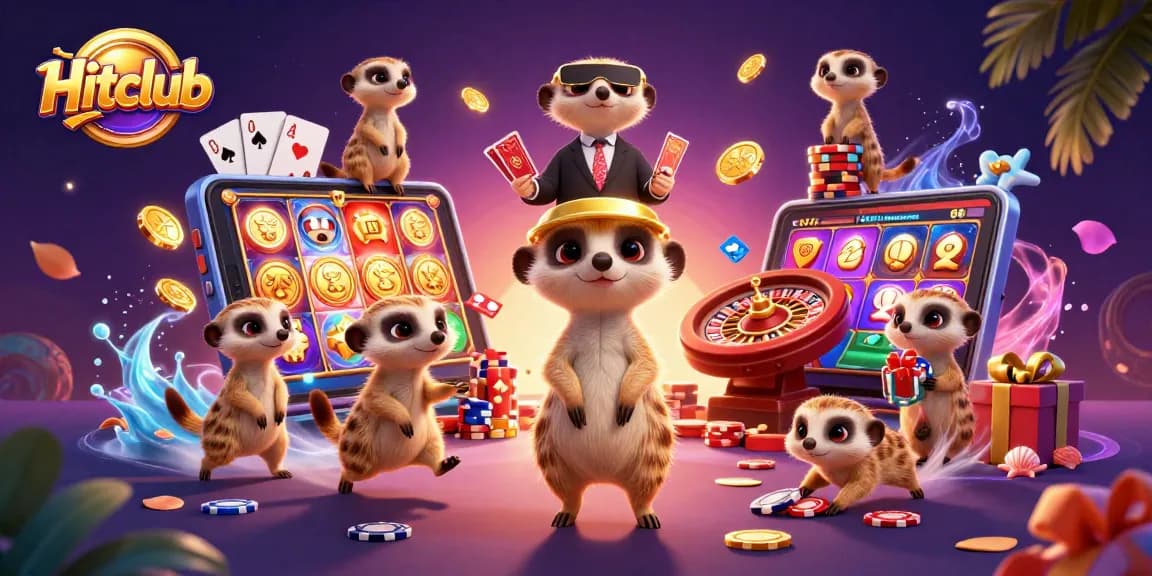 Hitclub invites players to join a lively casino scene featuring meerkats managing games, surrounded by colorful slot elements.