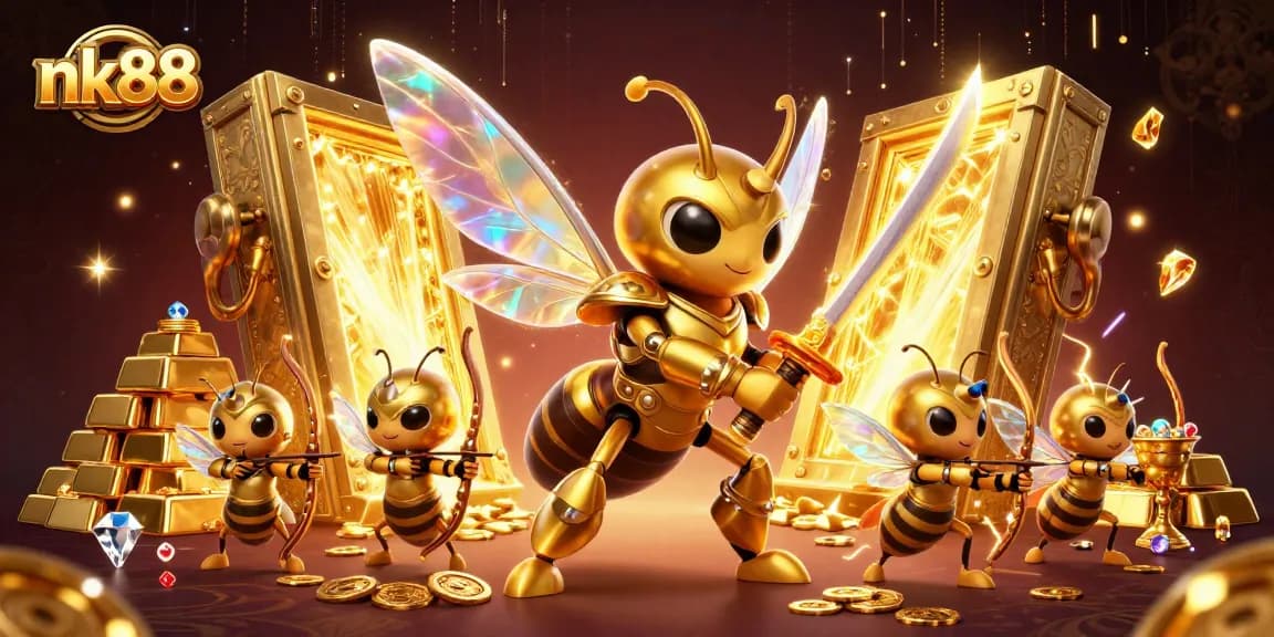 Engage in thrilling action at nk88 with a vibrant casino scene filled with treasures and lucky symbols.
