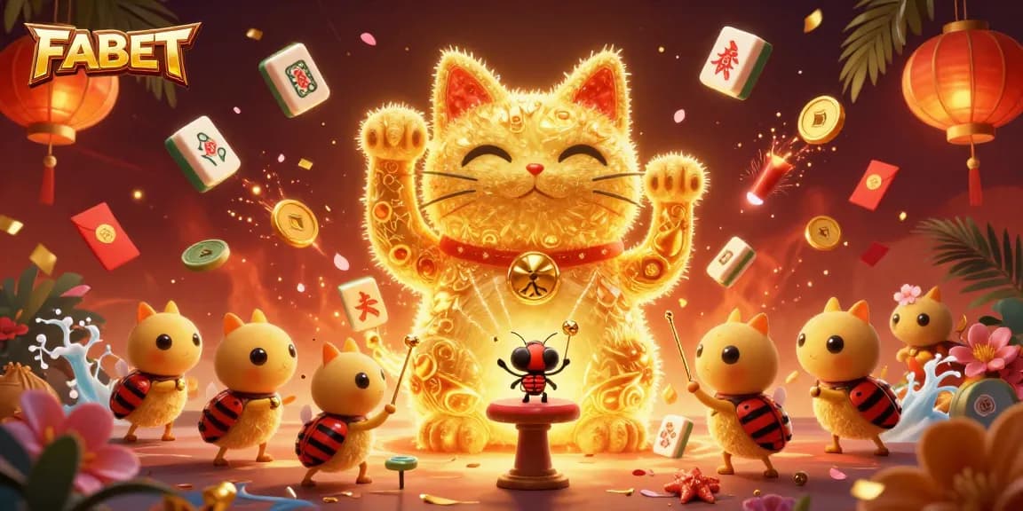 Experience thrilling wins with FABET's vibrant lucky cat illustration, showcasing casino symbols.