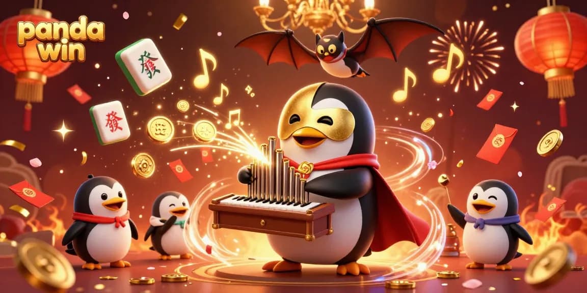 Panda win logo appears as a 3D penguin plays an organ shooting coins, surrounded by festive elements.