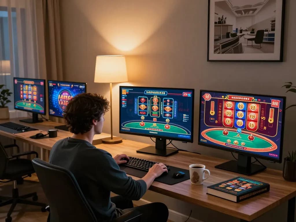 Engaged player exploring various games on 88xeng online casino platform, at home with strategy notes and coffee