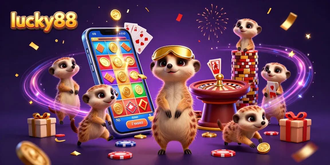 Engage with lucky88's dynamic casino scene featuring meerkats enjoying thrilling games.