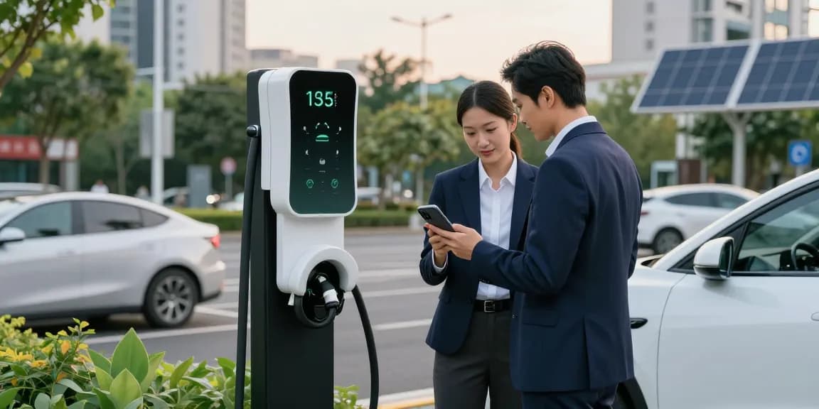 Professional checking EV charger while standing in urban setting, showcasing ev charger manufacturer quality.