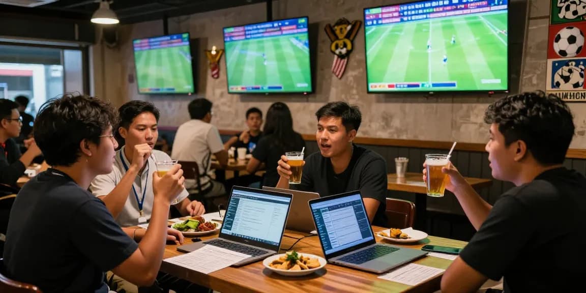 Football Betting Malaysia fans engaged in sports betting at a lively bar scene.