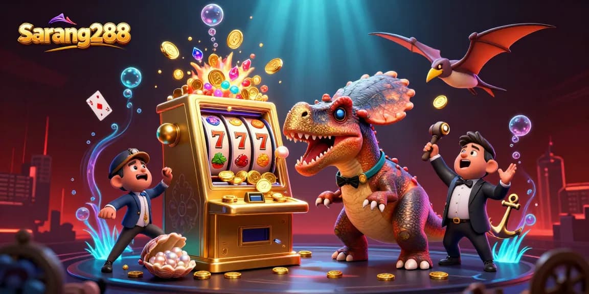 Gambar sarang288 menampilkan dinosaurus mengalahkan mesin slot dan mengumpulkan koin emas dalam suasana kasino yang seru.