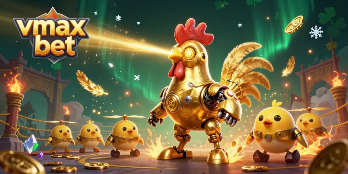 Experience vmax bet with dynamic gaming action, showcasing the golden rooster robot and festive casino elements.