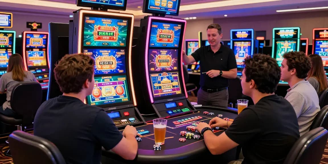 Players enjoying interactive games at bonus buy casinos with vibrant screens and lively atmosphere.