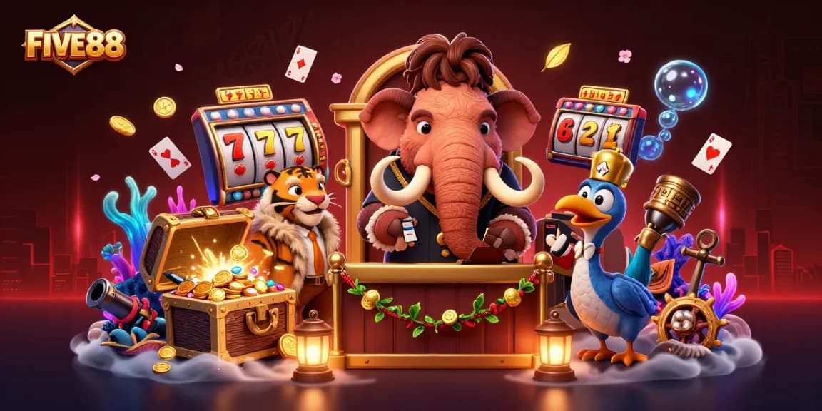 Experience the vibrant energy of FIVE88 as cartoon characters greet you at a casino door.