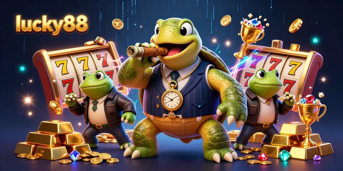 Experience the vibrant world of lucky88 with a cartoon turtle and bullfrogs in a lively casino setup.