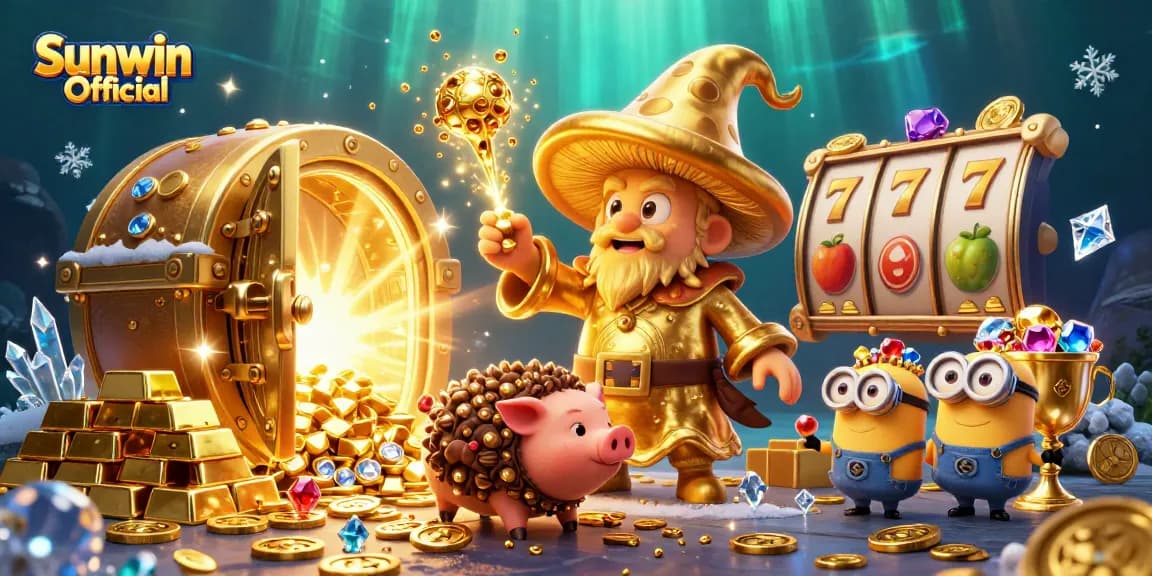 Engage with Sunwin Official's vibrant casino magic, featuring a golden wizard and treasures
