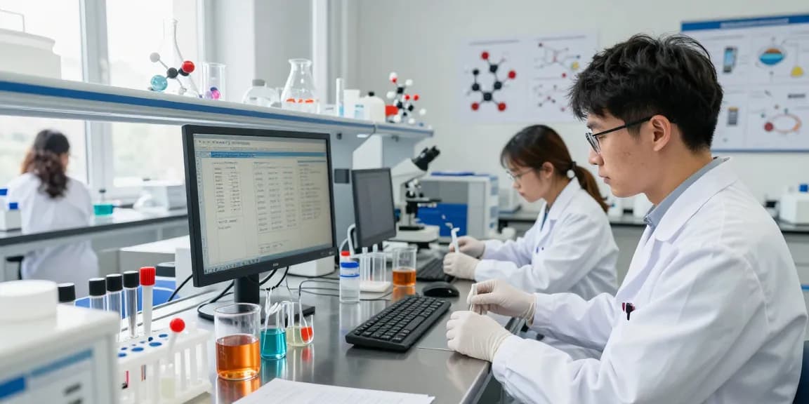Research on SwissChems Peptides in a modern lab environment with scientists analyzing data and preparing samples.