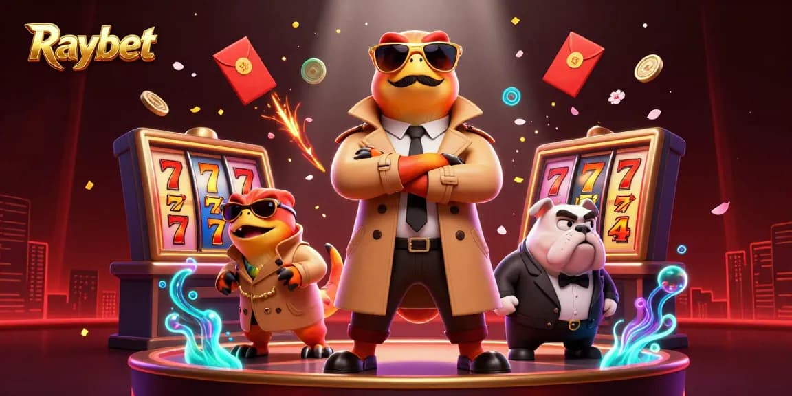 Raybet showcases three raptors creatively entering a casino, highlighting vibrant slot machines and festive elements.