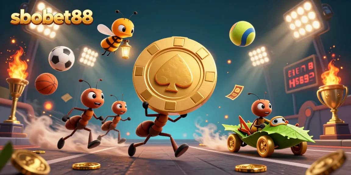 sbobet88 showcases dynamic sports betting action with playful ants and golden symbols in a vibrant scene.