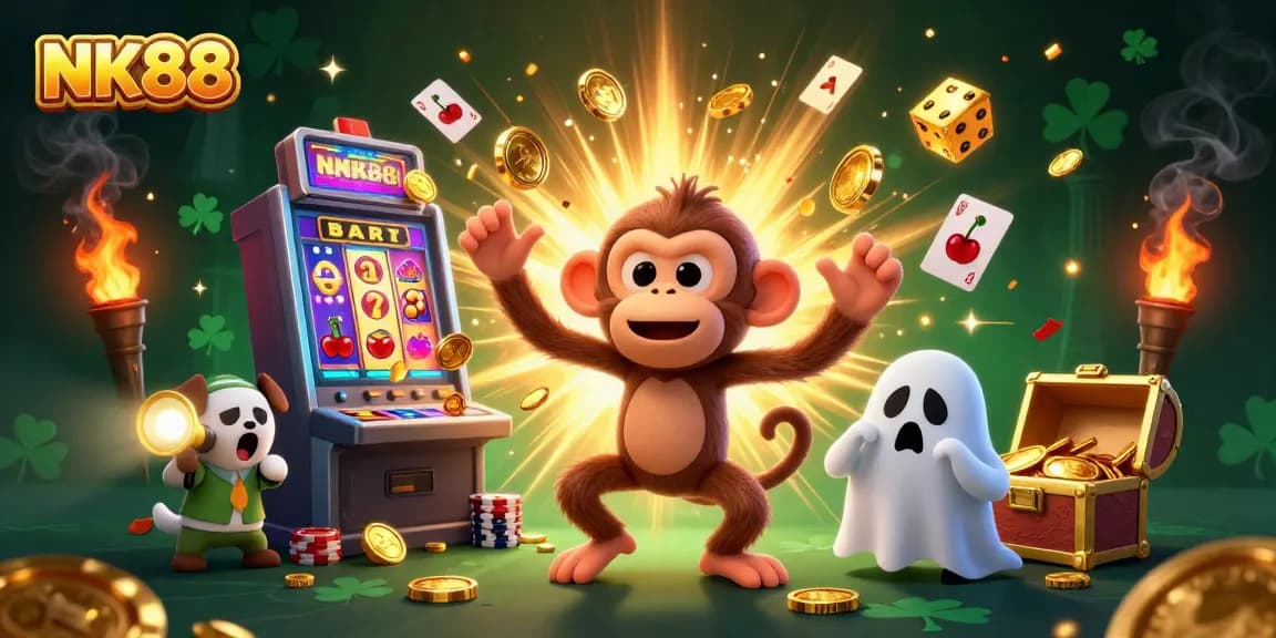 Track the playful NK88 poltergeist monkey juggling golden objects in a haunted casino.
