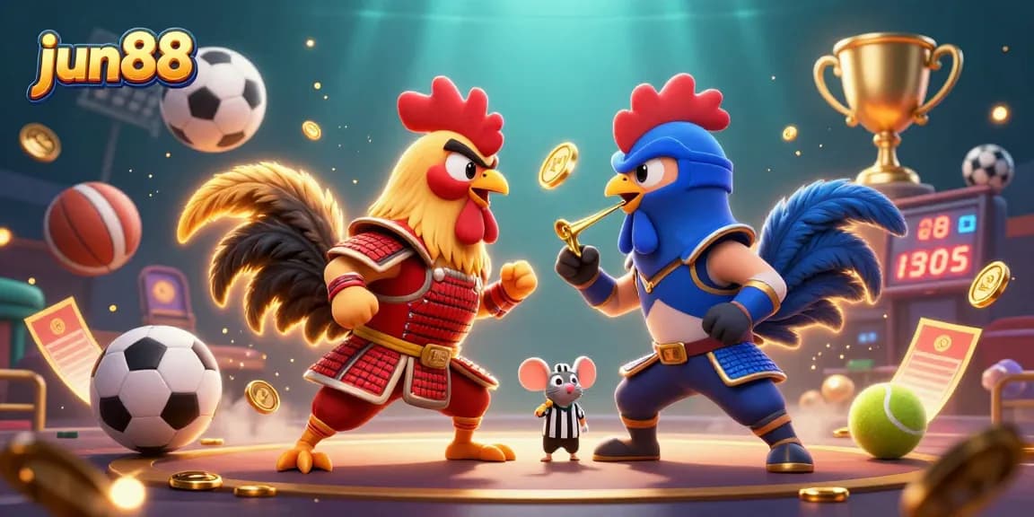Engage in thrilling action with jun88's dramatic standoff between fighting roosters representing casino entertainment.