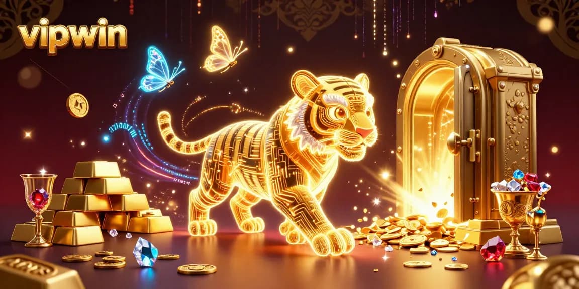 Experience thrilling gameplay at vipwin with a golden tiger amidst gems and wealth in a vibrant digital casino.