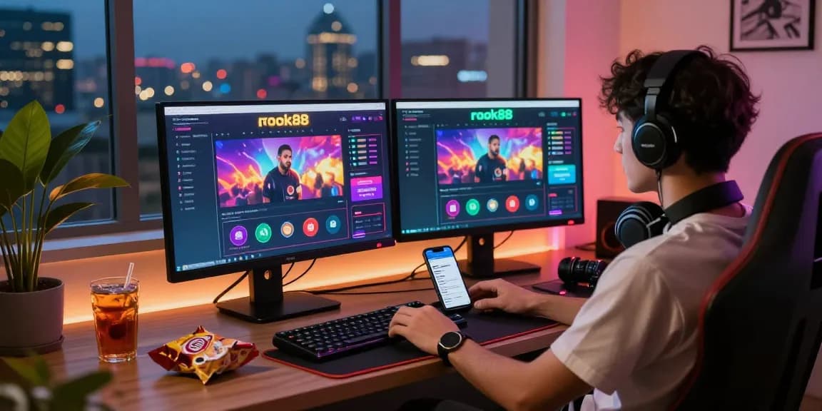 Engaging rokok88 online gaming scene with user in modern setup and vibrant graphics.