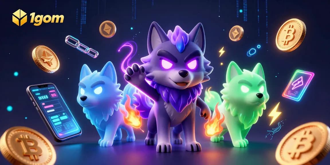 Engage with 1gom's immersive betting experience featuring dynamic ghostly wolves and cryptocurrency elements.