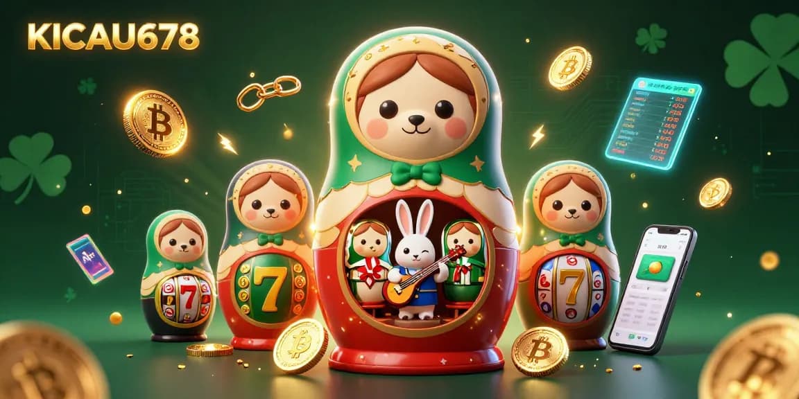 KICAU678 brings excitement with cartoon bears, slot reels, and crypto coins in a vibrant casino scene.