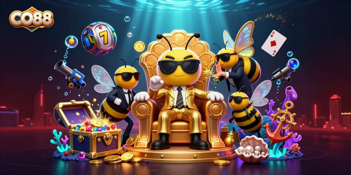 Experience immersive gaming action with CO88's vibrant 3D illustration featuring unique casino elements.