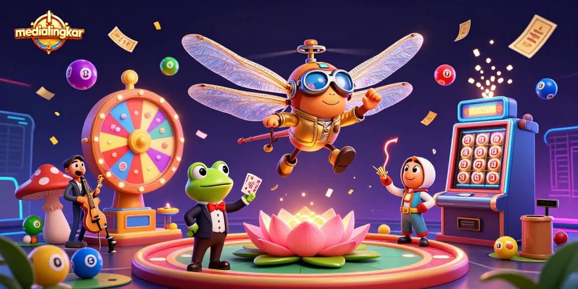 Engaging scene showcasing medialingkar with dragonfly pilot, frog dealer, and vibrant casino elements.