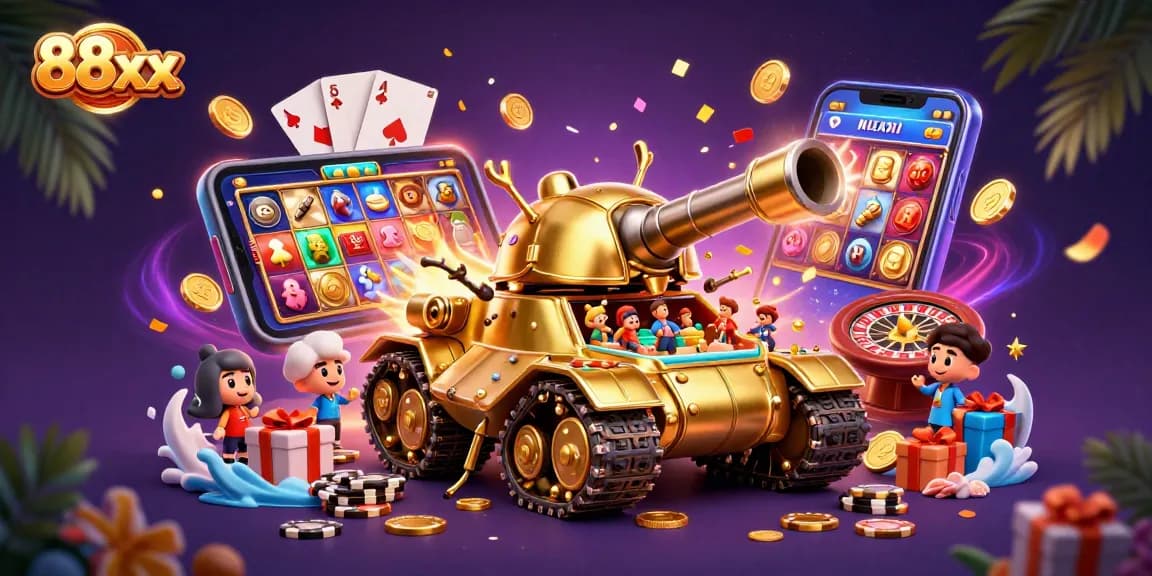 Play exciting games at 88xx casino, featuring diverse slot machines and vibrant elements.