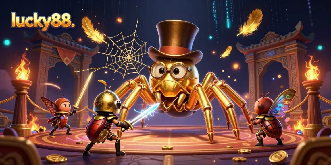 Experience the thrill with lucky88. as the golden tarantula weaves magic in a dynamic casino scene.