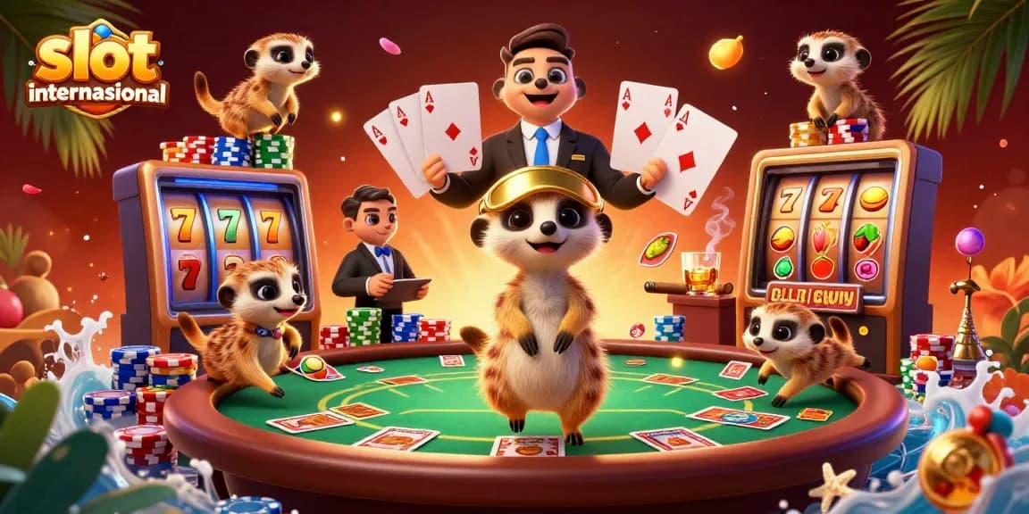 Experience vibrant slot internasional action with animated meerkats managing a casino