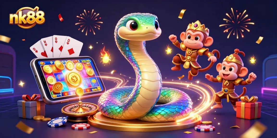 Play lively games at nk88 with colorful slot reels, poker cards, and festive characters.