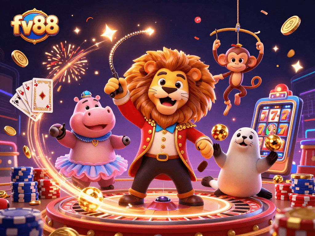 Win big at fv88 with exciting 3D circus characters celebrating gaming thrills