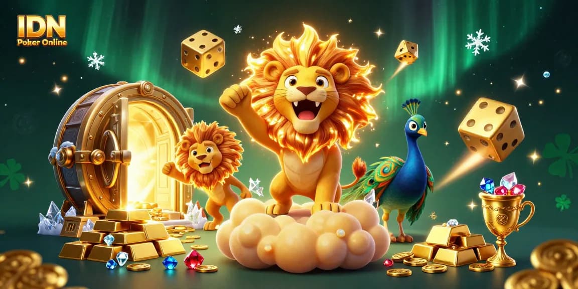 Experience IDN Poker Online with a triumphant 3D lion, golden dice, and vibrant casino treasures.