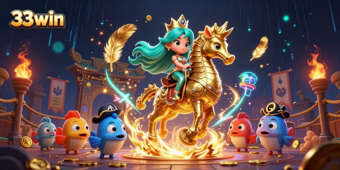 Engage with 33win at this vibrant casino adventure featuring a mermaid princess riding a golden seahorse.