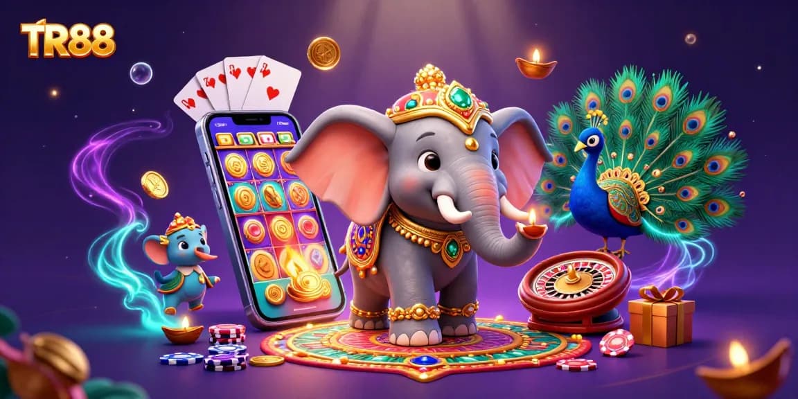 TR88 jackpot-ready scene with a colorful Diwali-themed elephant amidst casino elements and dynamic games.