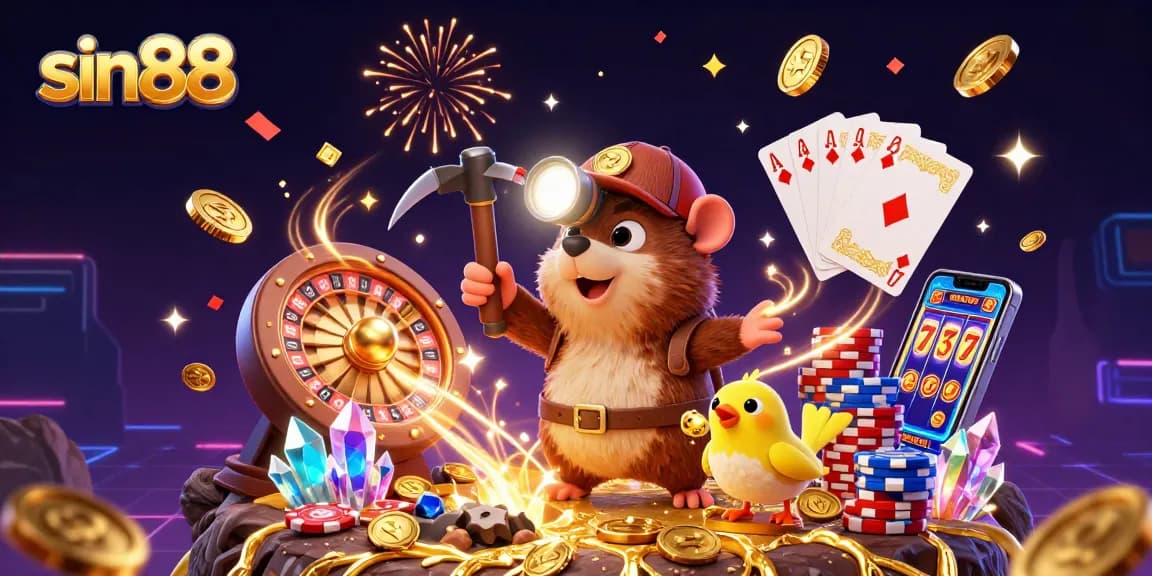 Sin88 treasure hunter mole navigating a glowing gem cave, showcasing dynamic casino elements.