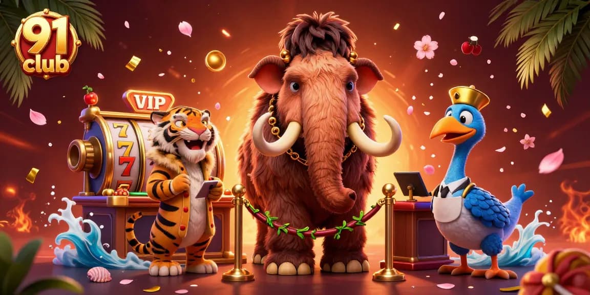 Join the excitement at 91 club with a vibrant 3D casino scene featuring interactive characters and game elements.