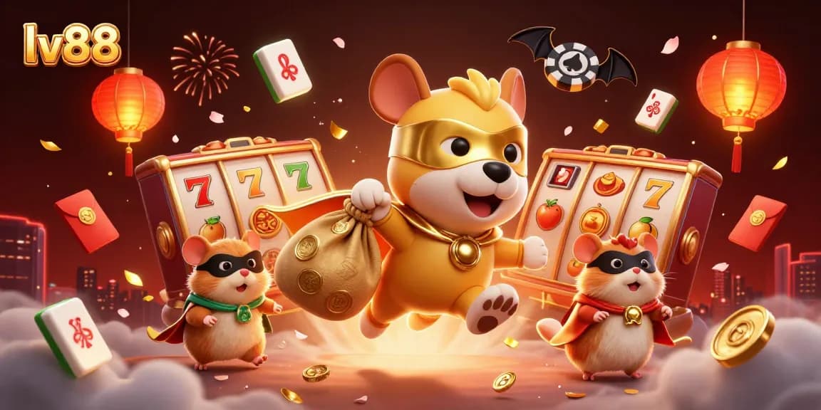 Join the fun at lv88 as the superhero dog and sidekick soar over spinning slot reels, celebrating winning moments!