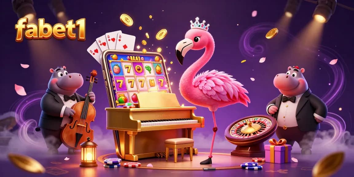 Engage with fabet1 through vibrant slot scenes featuring flamingos and hippos in a lively casino.