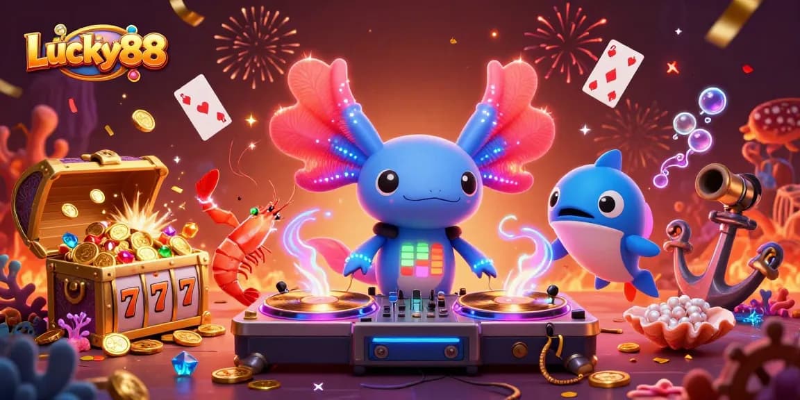 Engage in exciting gameplay at Lucky88 featuring vibrant characters, slot reels, gold coins, and underwater elements.