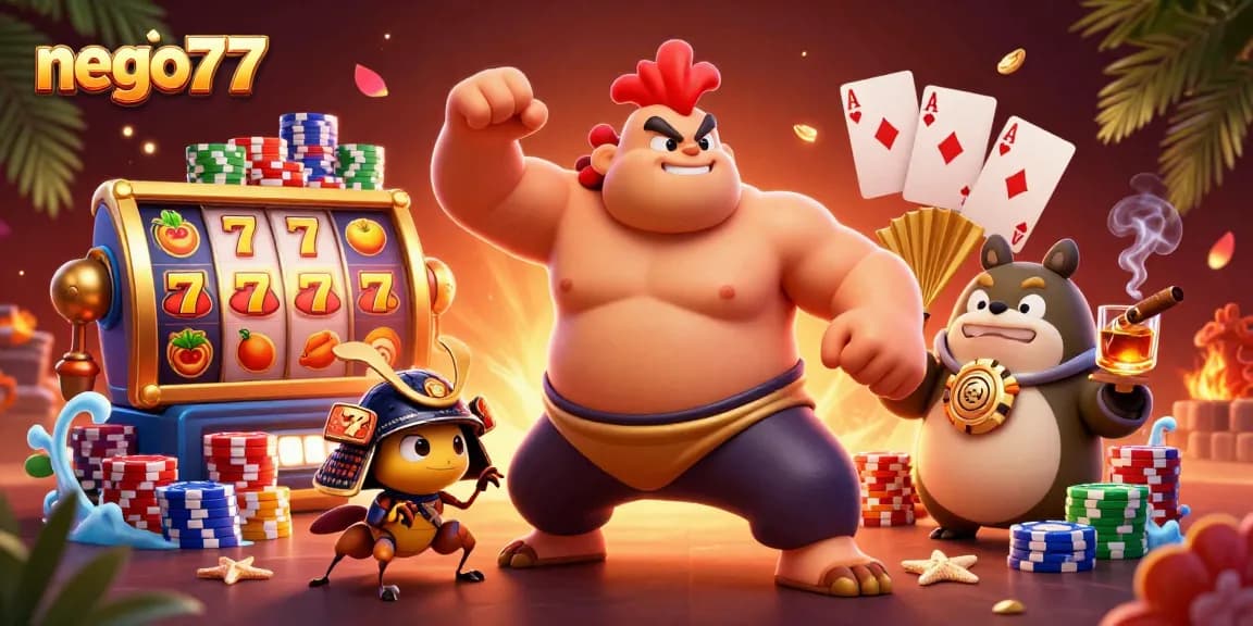 Nego77 showcases an engaging scene with a sumo rooster, samurai cricket, and tanuki announcer amid vibrant slot machines.