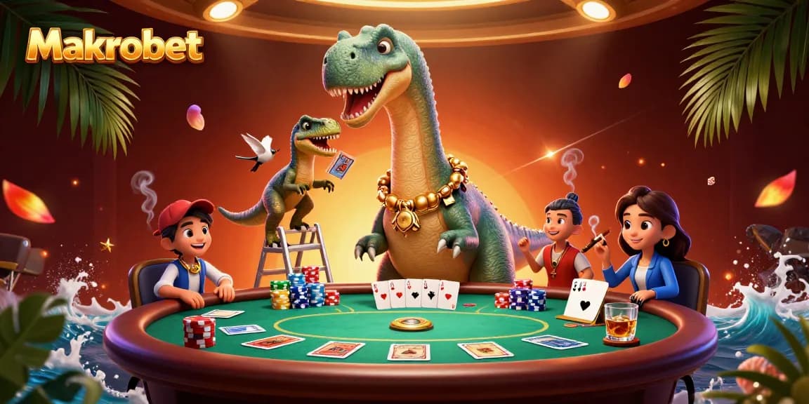 Experience thrilling poker action at Makrobet with a brontosaurus dealer and exciting game elements.