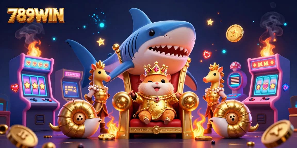 Experience 789WIN's thrilling 3D arcade casino scene with the mighty hamster king and vibrant gaming elements.